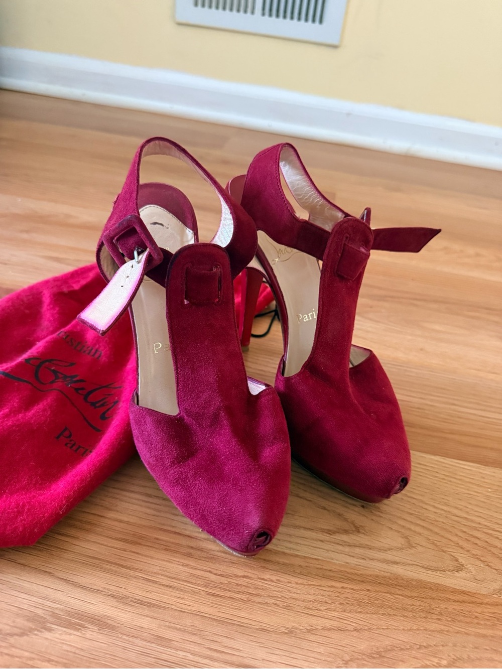 Christian Louboutin Burgundy Suede T-Strap Peep-Toe Heels
